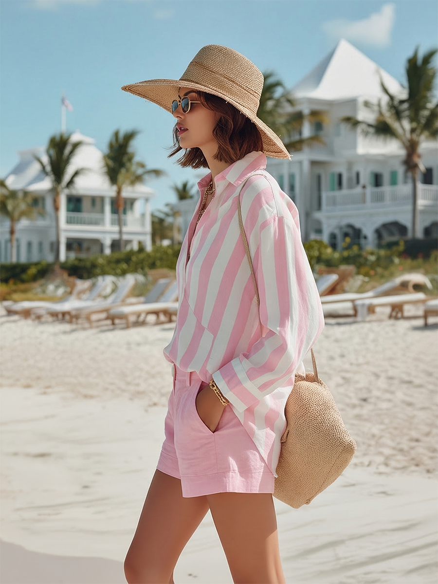 Casual Vacation Pink Cotton-linen Striped Long-sleeved Shirt And Shorts Set
