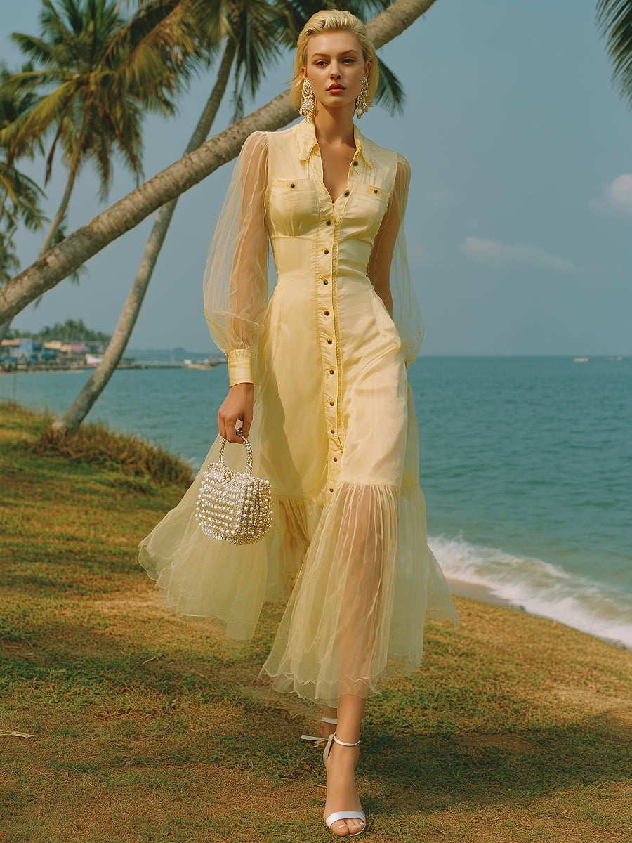 Resort-style Mesh Patchwork Pale Yellow Maxi Dress