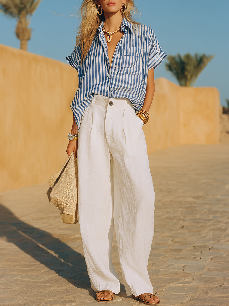 Coastal Style Blue And White Striped Shirt And White Loose-fitting Trousers Set
