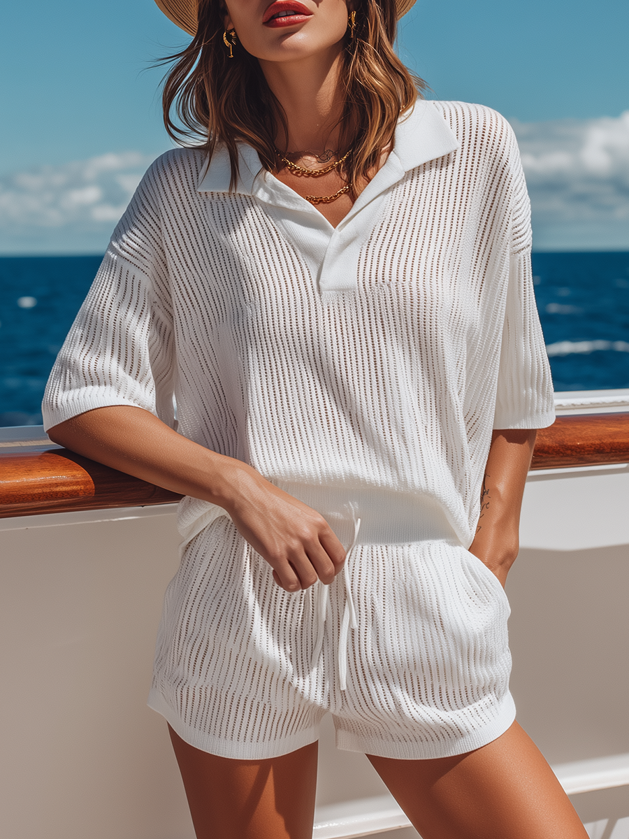 Casual Beach Sports White Knitted Short-sleeved Top And Shorts Set