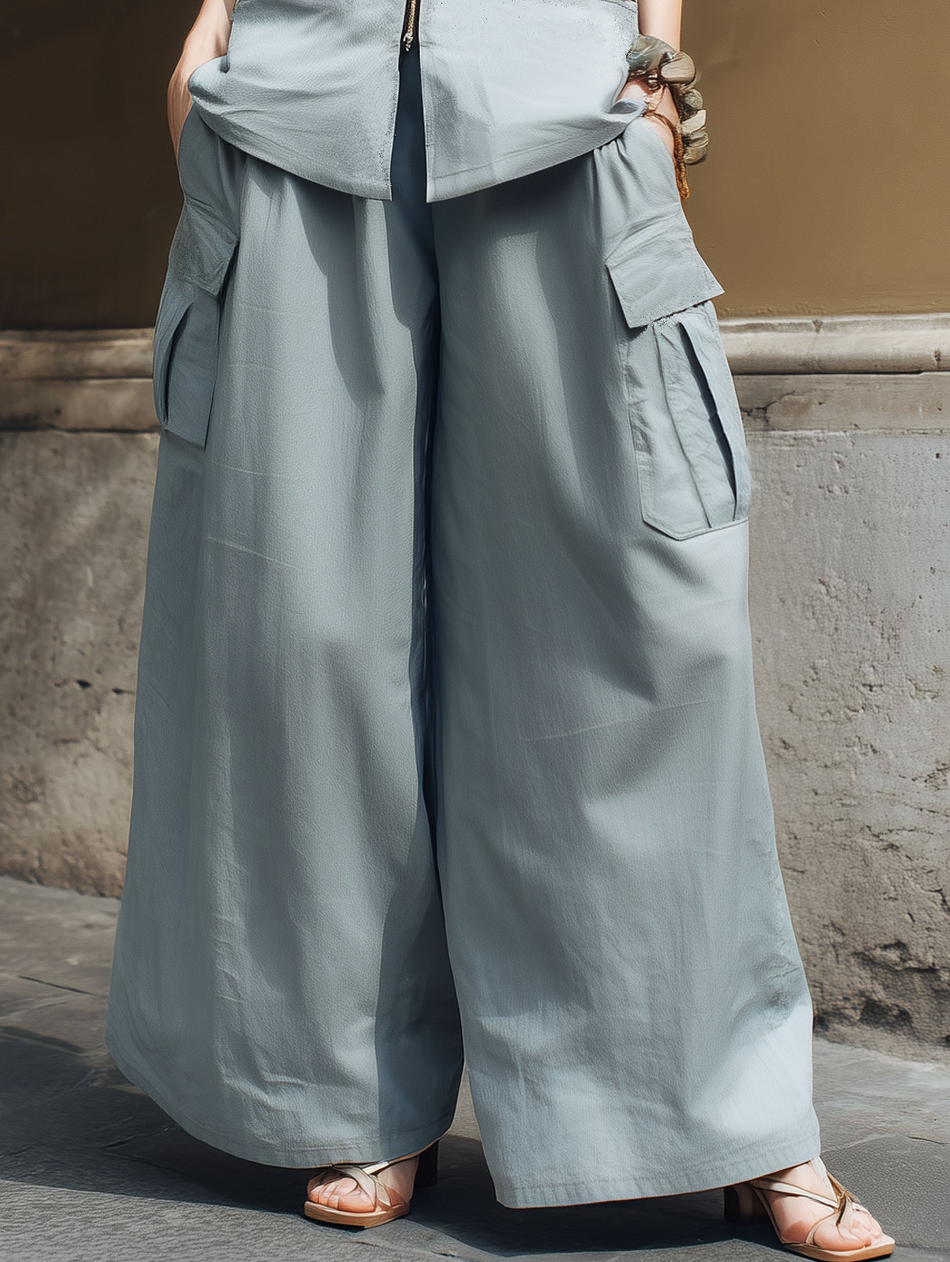 Fashionable Gray-Blue Cotton Linen Workwear Zipper Sleeveless Flap Pocket Top And Trousers Set