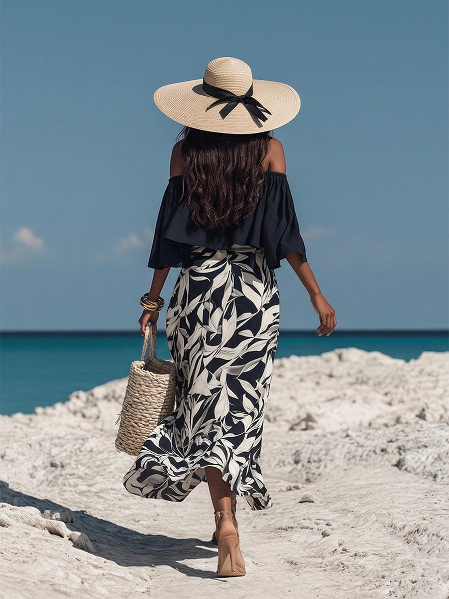 Romantic Bohemian Off-Shoulder Black Flared-Sleeve Top And Leaf-Print Chiffon Skirt Set
