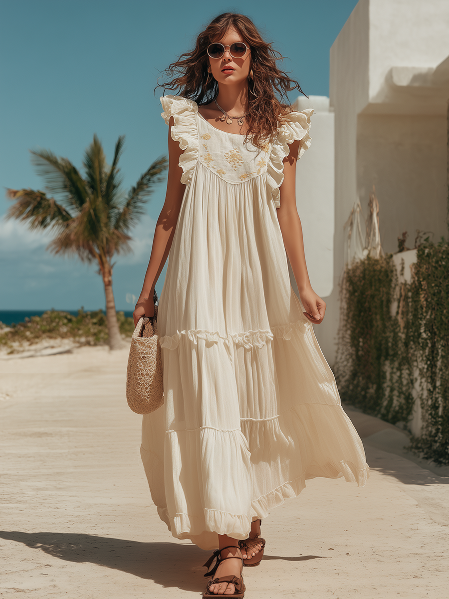 Vacation-style Cotton And Linen Embroidered Sleeveless Loose Maxi Dress