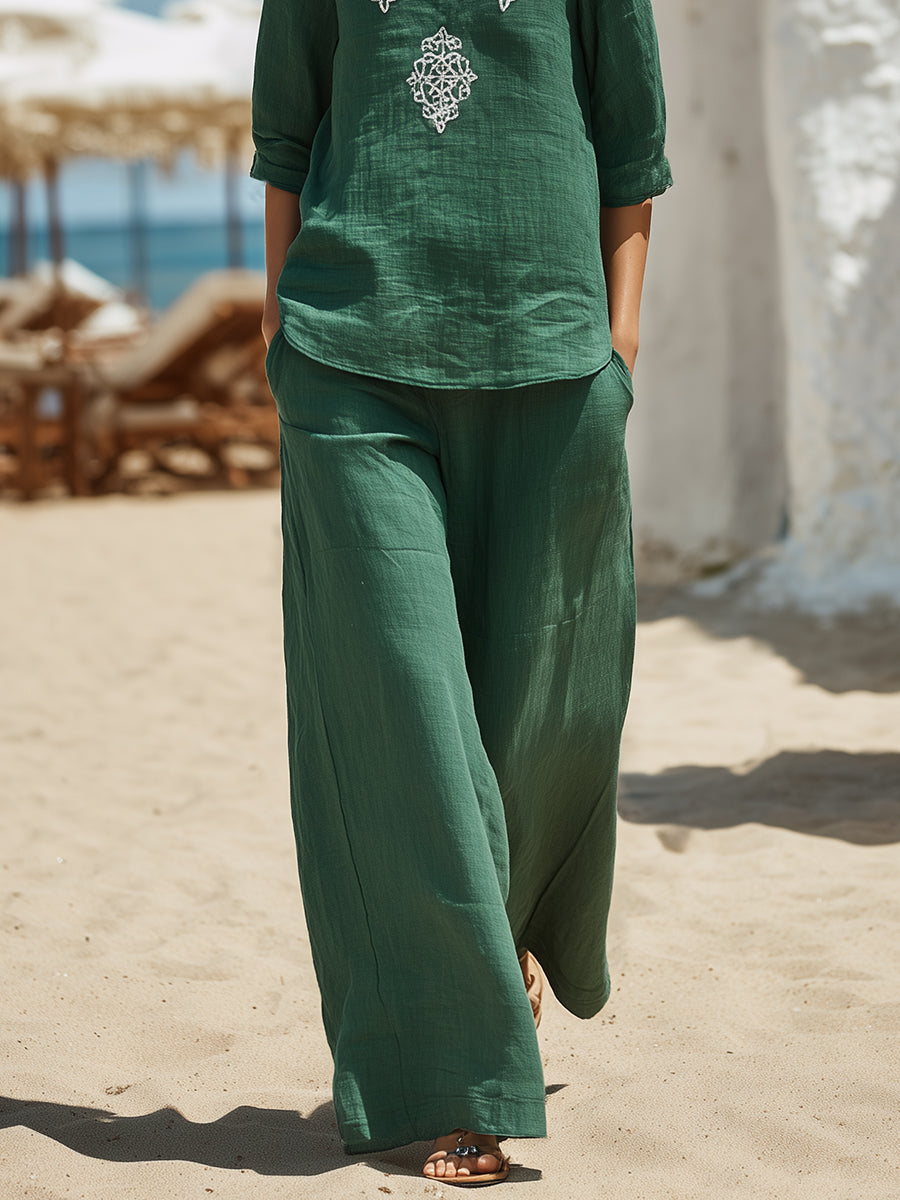 Fashionable Vacation Style White Embroidered Dark Green Cotton Linen V-neck Top And Wide-leg Pants Set