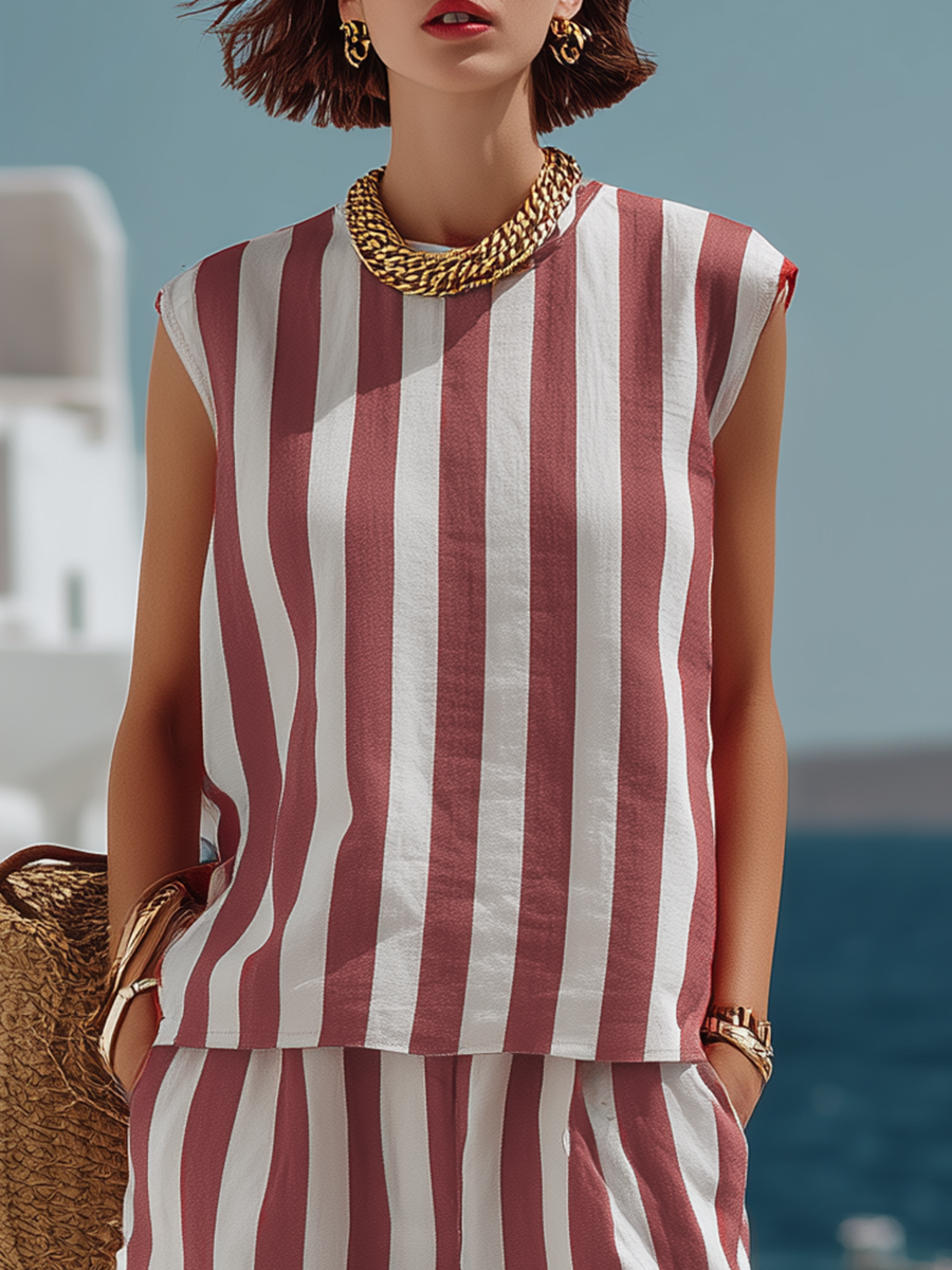 Simple Vacation-style Red And White Striped Sleeveless Top And Wide-leg Capri Pants Cotton And Linen Set