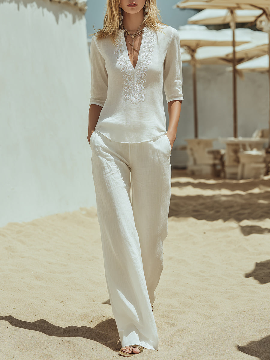 Mediterranean Minimalist Lace Trim White Cotton Linen V-neck Top And Pants Set