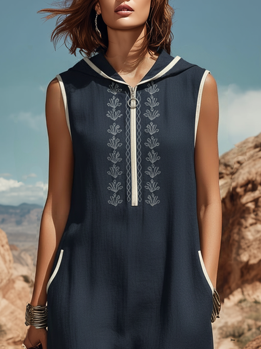 Bohemian Style Sleeveless Hooded Embroidered Maxi Dress