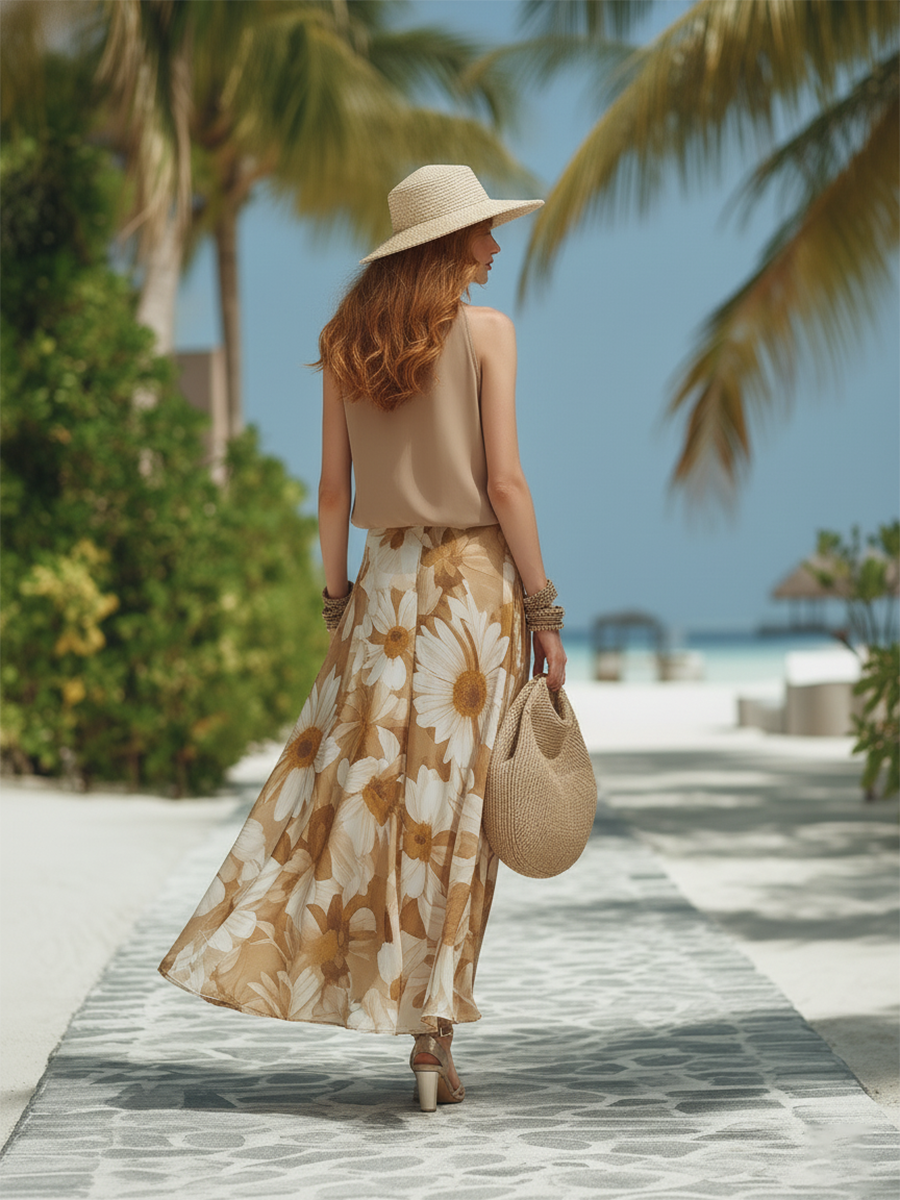 Vacation-Style Fashion Printed Sleeveless Top And Skirt Set