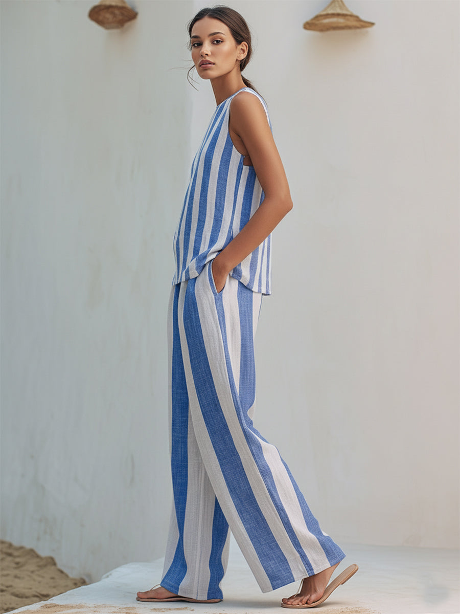 Mediterranean Blue And White Striped Sleeveless Top And Wide-leg Pants Set