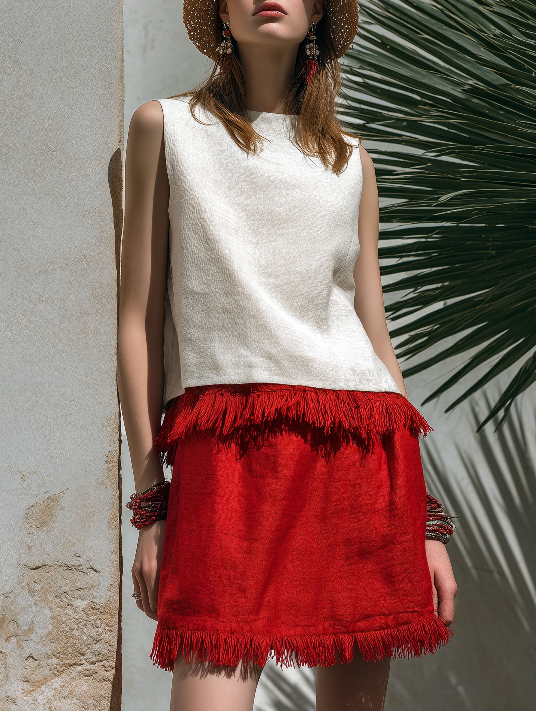 Elegant Resort Style Cotton Linen Patchwork Red Tassel Mini Skirt Set