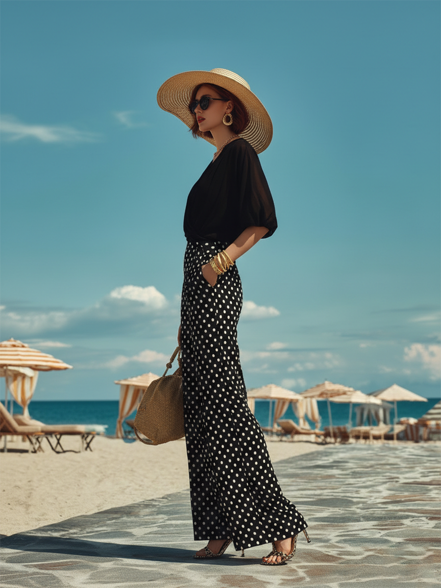 Resort-style Black V-neck Short-sleeved Top And Polka Dot Wide-leg Pants Set