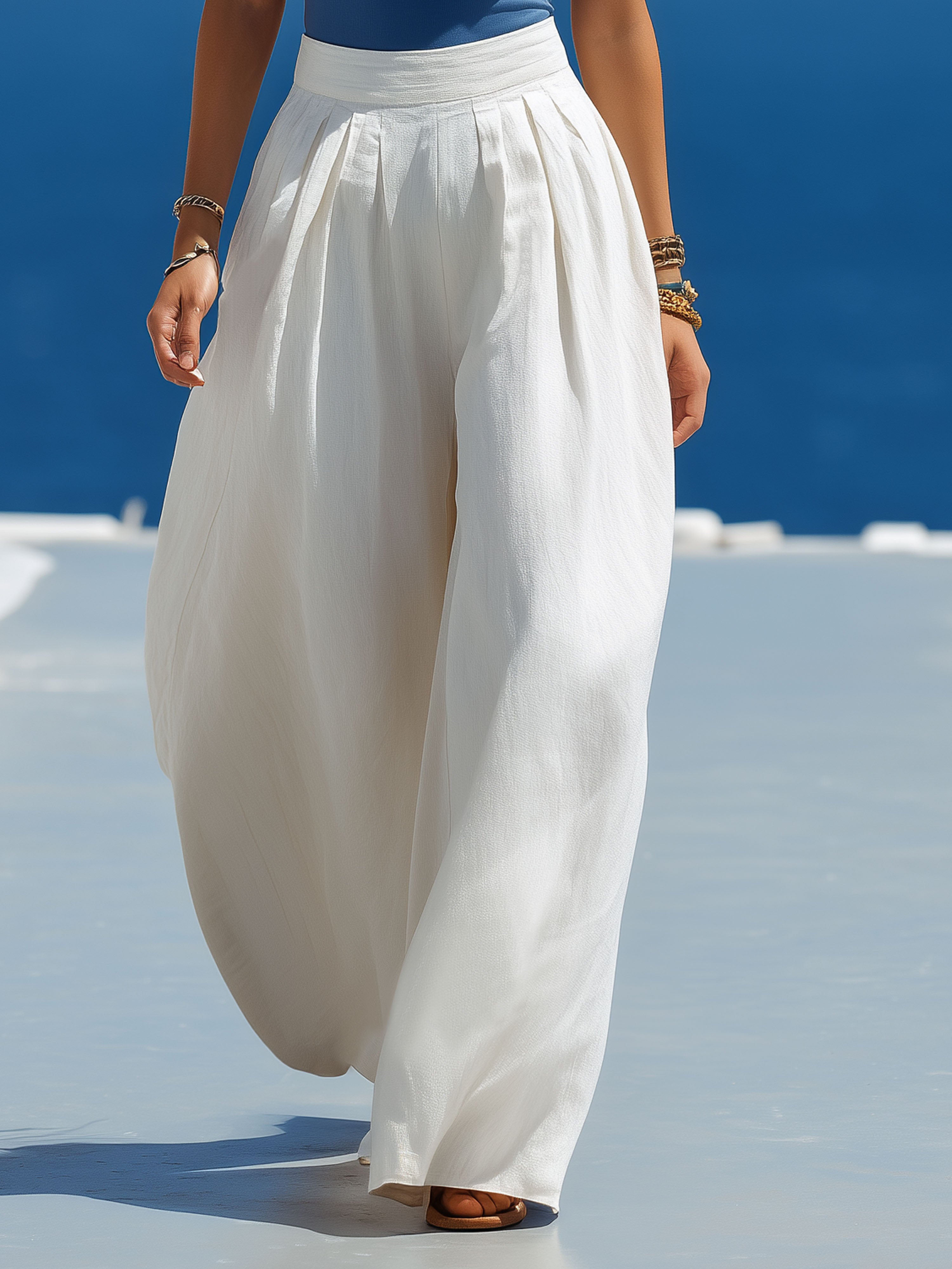 Resort-Style Blue Cotton Sleeveless Top And White Trousers Set