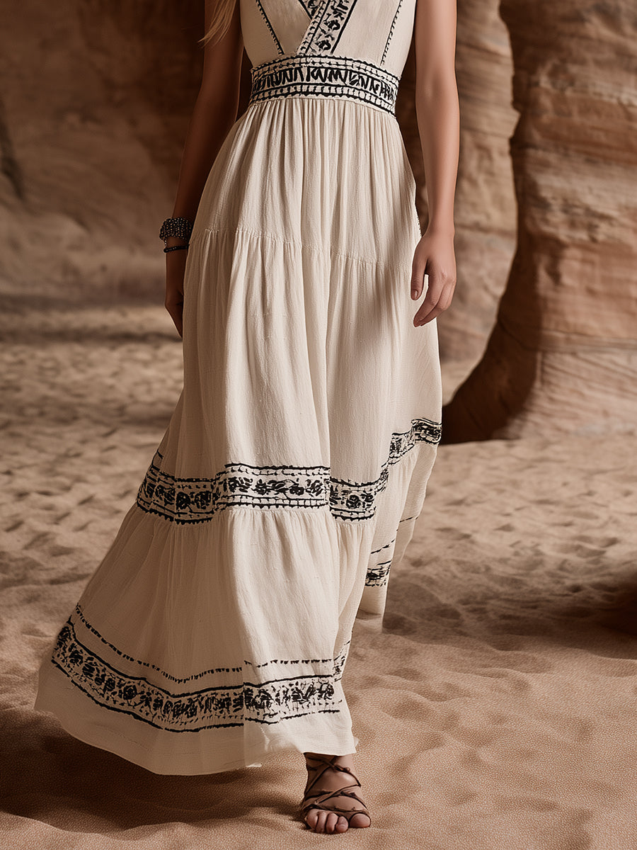Casual Bohemian Black Embroidered Off-White V-Neck Sleeveless Maxi Dress