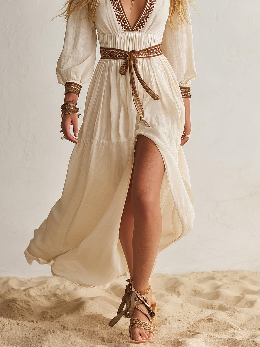 Casual Bohemian V-neck Brown Embroidered Beige Cotton Linen Long-Sleeved Maxi Dress