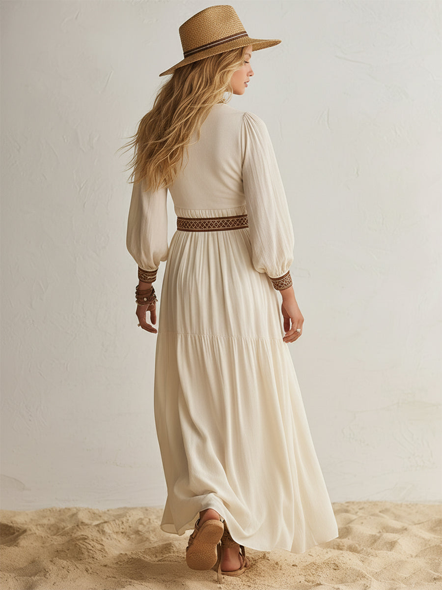 Casual Bohemian V-neck Brown Embroidered Beige Cotton Linen Long-Sleeved Maxi Dress