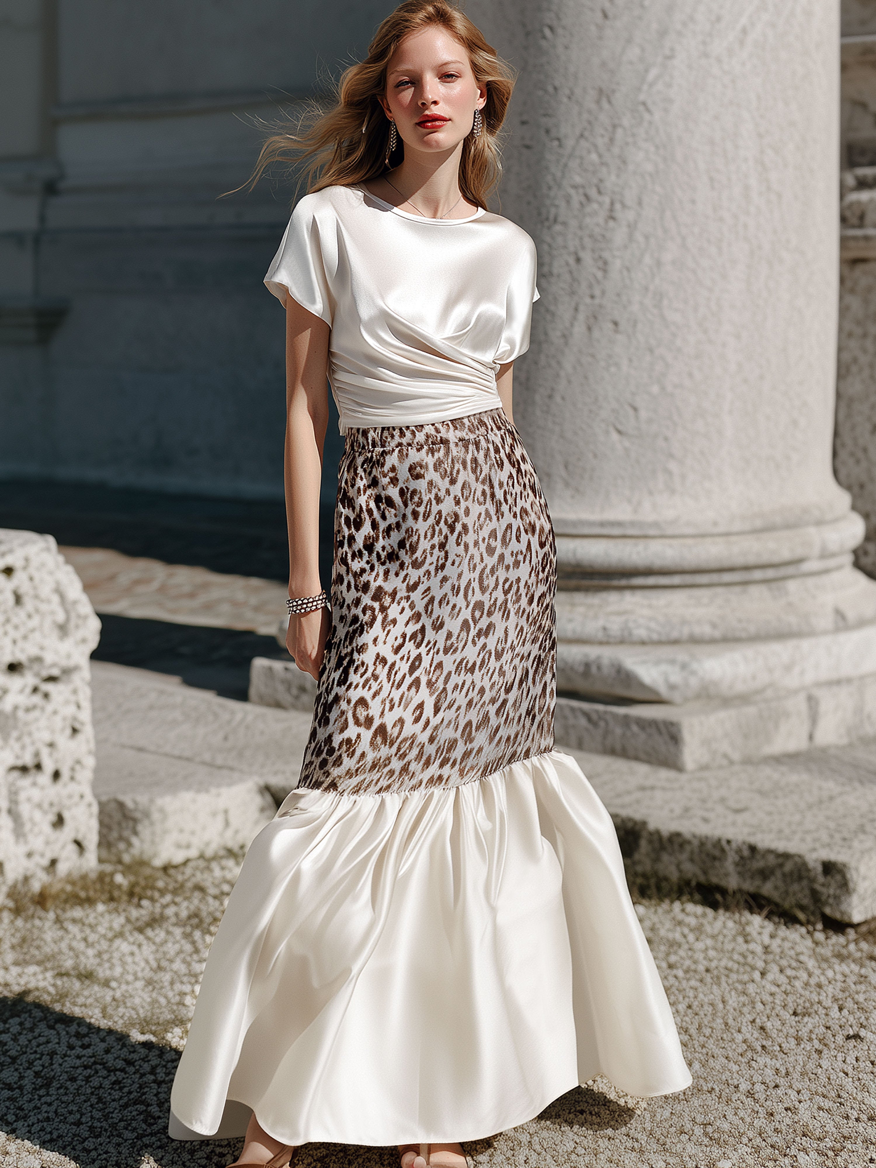 French-Style White Satin Pleated Top And Leopard Print Patchwork Skirt Set